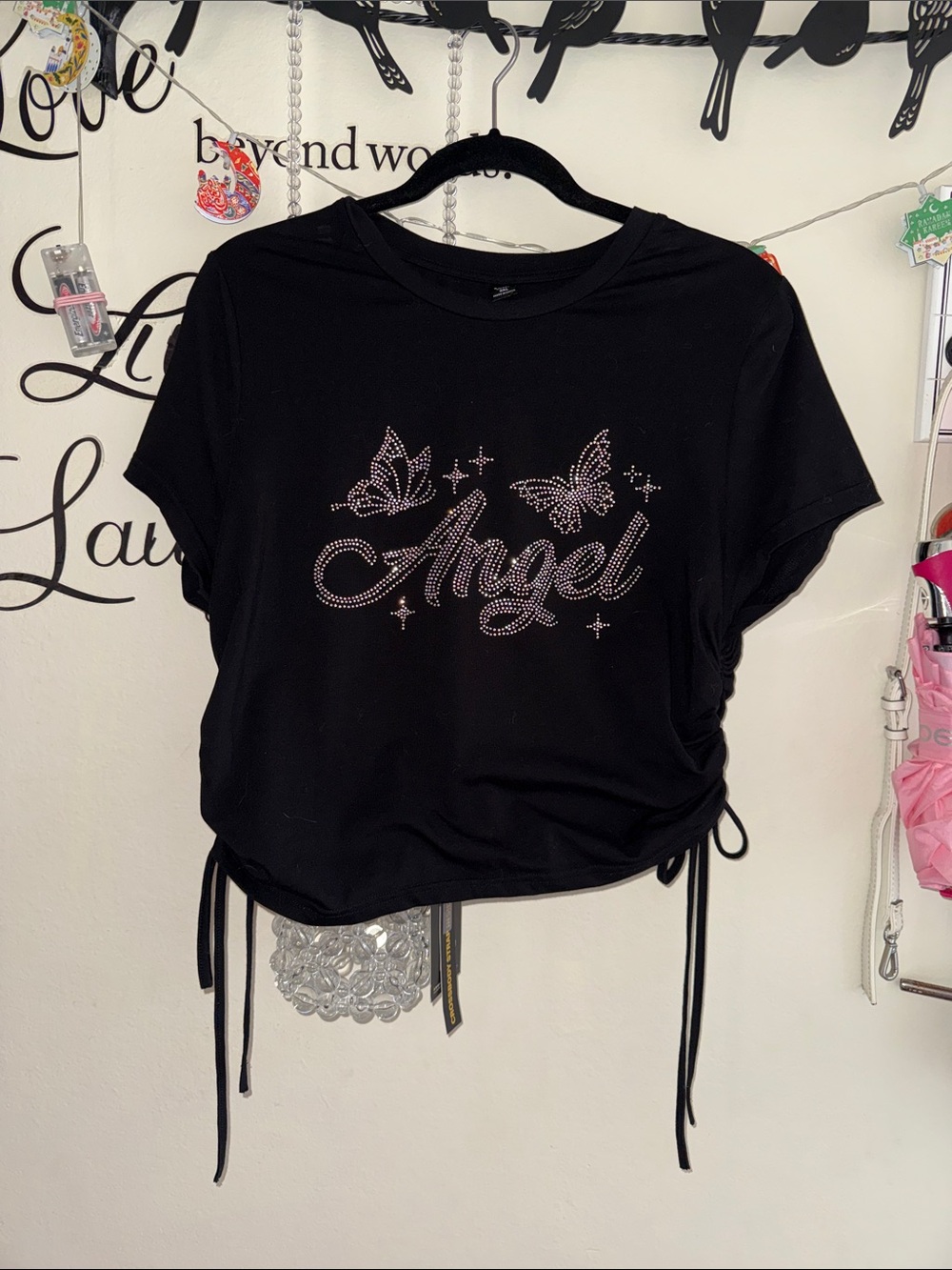 SHEIN Black Rhinestone 'Angel' Drawstring Tee